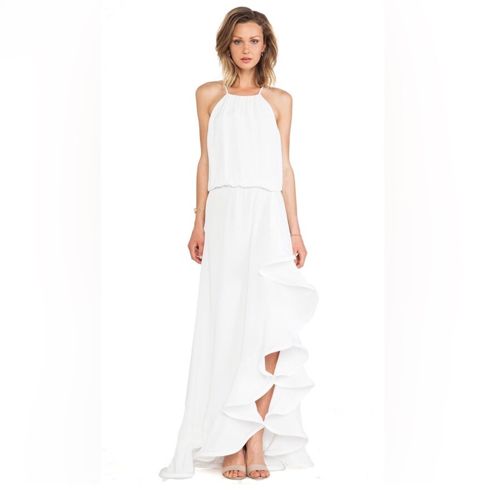 NEW Alexis “Mickael” white silk structured ribbon ruffle hi low dress gown M
